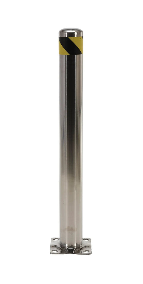 Heavy Duty Stainless Steel Pipe Safety Bollard Tough As Nails Wall 36 Inch X 4-1/2 Inch Polished Silver with yellow tape.