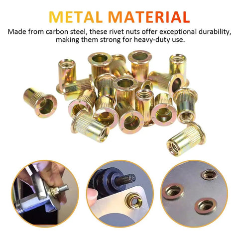Rivet Nut Inserts Kit Pro Grade 500 Pcs Carbon Steel Threaded Nut Inserts Galvanized Finish Sizes M3-M10 displayed