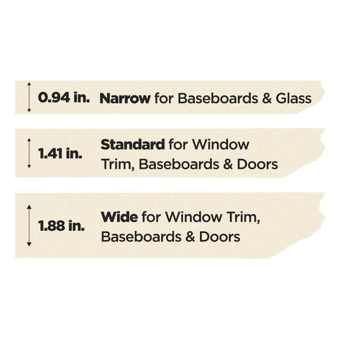 Comparison of Greener Masking Tape widths, showing 0.94 in, 1.41 in, 1.88 in suitable for baseboards, glass, window trim, doors.