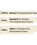 Three beige masking tape strips showing sizes of 0.94, 1.41, and 1.88 inches, ideal for baseboards, glass, and doors.