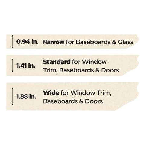 Three beige masking tape strips showing sizes of 0.94, 1.41, and 1.88 inches, ideal for baseboards, glass, and doors.