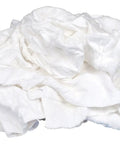 Pile of all-white recycled t-shirt cloth rags for all purpose wiping, cleaning, and polishing, absorbent lint-free, 1 lb box.