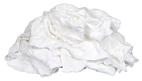 Pile of all-white recycled t-shirt cloth rags for all purpose wiping, cleaning, and polishing, absorbent lint-free, 1 lb box.