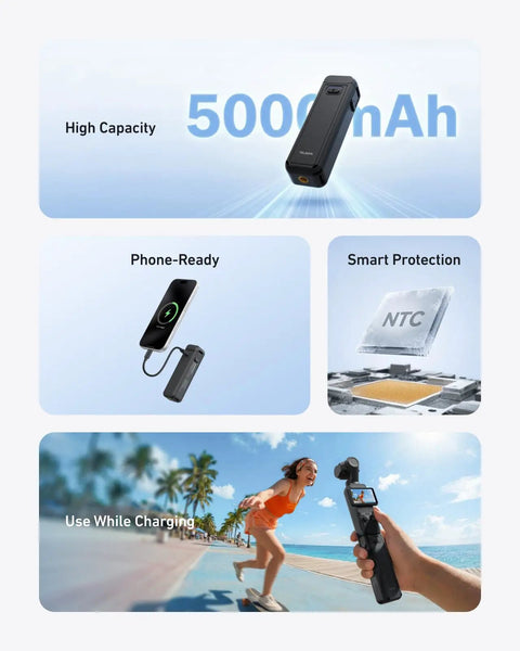 Extended 5000mAh Battery Grip For DJI Osmo Pocket 4 And 3 Xtra showcased with features like charging while filming and smart protection.