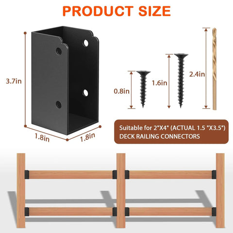 Must Have Heavy Duty Steel Deck Railing Bracket Kit, 24 Pack Connectors For 2x4 Wood Posts, Includes 195 Coated Screws And Drill Bit, Built For Outdoor Decks, Fences, And Porches product size diagram showing bracket dimensions.