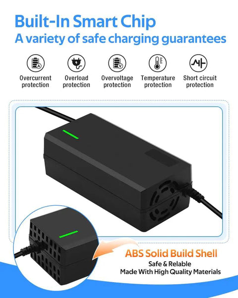 54.6V Lithium Battery Fast Charger 3A And 5A No Adapter Needed With Cooling System Seven Plug Options Universal Plug Compatibility Safer Faster Charge For 48V E Bikes Scooters And Power Tools