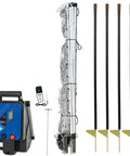 Top Shelf Electric Netting Fence Kit 100 Foot By 42 Inch Double Spike portable fencing components including solar charger, posts, and tester.