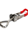 Heavy Duty Stainless Steel Toggle Latch Catch With Quick Clamping Hasp For Cabinets, Toolboxes and Doors Offers Effortless One Hand Operation And Secure Grip For Daily Hustle. red handle stainless steel toggle latch with pull ring on white background