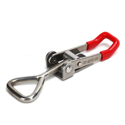 Heavy Duty Stainless Steel Toggle Latch Catch With Quick Clamping Hasp For Cabinets, Toolboxes and Doors Offers Effortless One Hand Operation And Secure Grip For Daily Hustle. red handle stainless steel toggle latch with pull ring on white background
