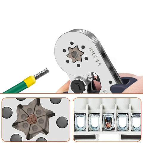 Must-Have Ratchet Crimpers Kit For insulated ferrule wiring And Data Cable Installations With Integrated Stripper Cutter Tool For Heat Shrink Connectors That Make Professional Jobs Easy And Super Fast. Ratchet crimper for insulated ferrules and data cable, HSC8 6-6