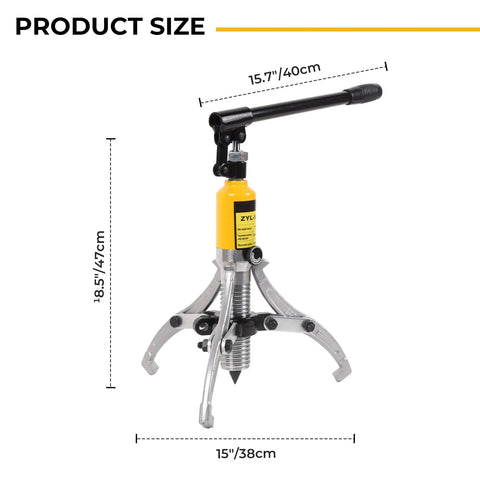 5 Ton Hydraulic Gear Puller Kit With Adjustable 2 Or 3 Jaws, product dimensions displayed, heavy duty tool