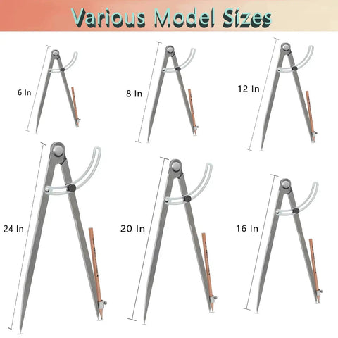 Various model sizes of Tough As Nails All Metal Drafting Compass With Adjustable Wing Divider and Secure Pencil Holder.