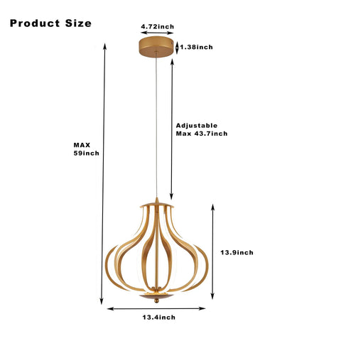 Sleek Gold LED Chandelier Pendant Lights With 4000K Brightness Dimmable And Adjustable Hanging Fixture, dimensions labeled