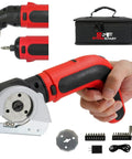 S&F Stead Fast Electric Box Cutter 4V Cordless Power Scissors For Cardboard Crafts Leather Paper With Case showing sharp blade and tools.