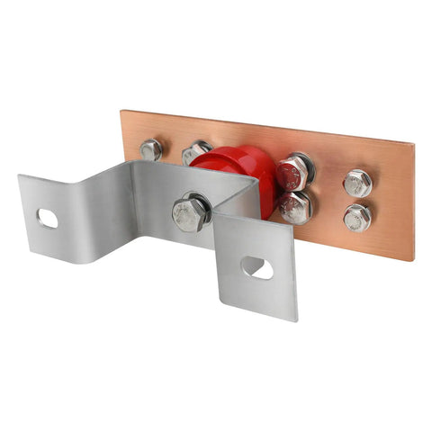Premium Copper Ground Bus Bar Kit 6x1.96x0.11 Inches With 8 Terminal Positions And SM40 Insulators, C12200 Copper, ASTM B280 Compliant, Flexible Mounting For Electrical Panels And DIY Projects, shown with bracket