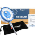 Pro Grade Dial Test Indicator Set With Magnetic Base For Machinists, visible dial indicator, box, and warranty letter