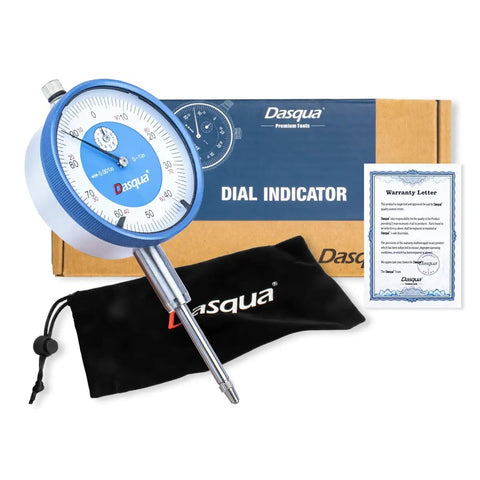 Pro Grade Dial Test Indicator Set With Magnetic Base For Machinists, visible dial indicator, box, and warranty letter