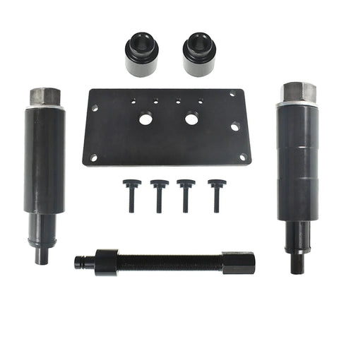 Inner cam bearing installer puller kit for Harley Twin Cam TC 88/96/103; black steel plate, bolts, puller rod, bushings.
