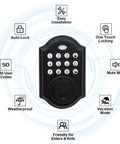 Keypad Deadbolt Electronic Keyless Entry Door Lock With Handle For Homes Offices And Hotels No Key Hassle Easy To Install Auto Lock One Touch Locking 50 User Codes Matte Black displayed with feature icons like auto-lock and weatherproof.