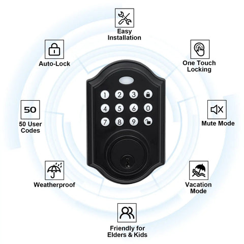 Keypad Deadbolt Electronic Keyless Entry Door Lock With Handle For Homes Offices And Hotels No Key Hassle Easy To Install Auto Lock One Touch Locking 50 User Codes Matte Black displayed with feature icons like auto-lock and weatherproof.