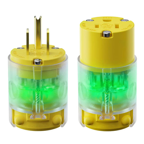 Lighted Extension Cord Ends Replacement Plug 15A 125V NEMA 5-15P To 5-15R Male And Female UL Listed Power Connector With Lit LED Indicator 3 Prong Yellow, two views
