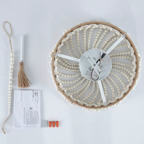 Boho Wood Beaded Flush Mount Ceiling Light Three Light Mini Round Chandelier White For Bedroom Kitchen Island Entryway Rustic Antique Farmhouse Vibe Style