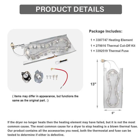 All In One Dryer Heating Element Kit With Thermostat Cutoff And Thermal Fuse Replacement 13x5 inch package details shown