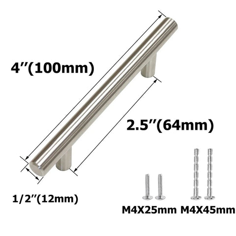 Pack Of 30 Stainless Steel T Bar Cabinet Handles 4 Inch Length With 2.5 Inch Center Holes Brushed Nickel Cupboard Knobs detail