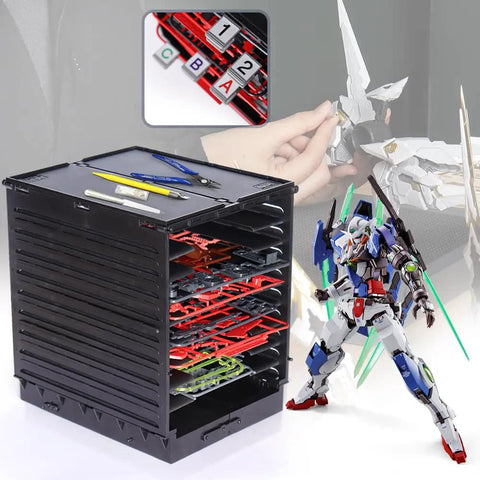 Model Shelf Stand And Plate Organizer For Hobby Kit Builders, Plastic Parts Rack, Tool Storage Caddy For Model Kits And Action Figure Accessories, No Fuss Easy Assembly, PMKJ010 black plastic 1/144 kit organizer with layered trays
