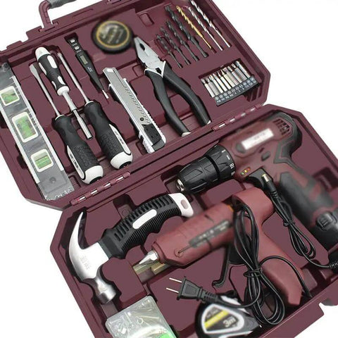 Heavy Duty 12V Lithium Electric Drill And Rechargeable Screwdriver Featuring A Slick 91 Piece Household Toolbox Set Loaded With Hella Tough Carbon Steel Bits For Weekend Diy Gear in an open storage case.
