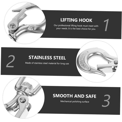 Close-up of Rock Solid 304 Stainless Steel Swivel Eye Lifting Hook With Slick Safety Latch, showcasing its smooth latch mechanism.