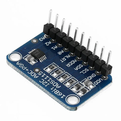 16-Bit I2C ADC Development Board For Microcontrollers with blue PCB and soldered pins, high-resolution analog to digital converter module.