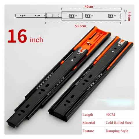 Heavy Duty Bottom Mount Drawer Slides Feature Soft Closure Buffer Glides, 16 inch, cold rolled steel, for smooth cabinet action.