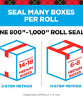 Comparison of 2-strip and H-strip methods for sealing medium boxes with Heavy Duty Packing Tape 2 Inch Wide By 800 Inch Long Clear Two Roll Pack With Dispenser Sticks Like Glue Industrial Strength Adhesive Seals Boxes Instantly For Shipping Moving And Storage.