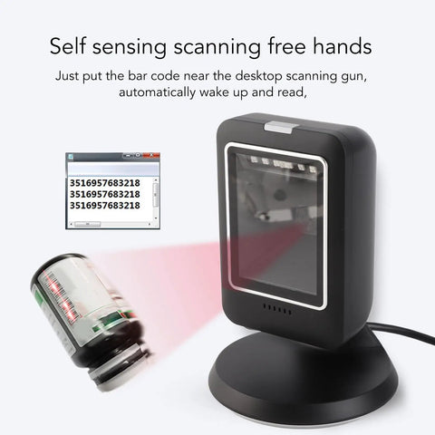 Omnidirectional 2D Barcode Scanner USB Wired Desktop Reader scanning barcode with data on screen