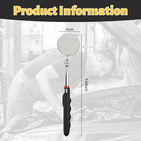 Telescoping Inspection Mirror Set With 360 Degree Swivel Extendable To 30.5 Inches shown against an automotive repair scene