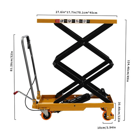 Heavy Duty Hydraulic Lift Table Cart With 330 Lb Capacity And 49 Inch Max Height Built Tough With Wear Resistant Steel Smooth Scissor Action And Roll Away Wheels For Daily Freight Moves And Workshop Chores