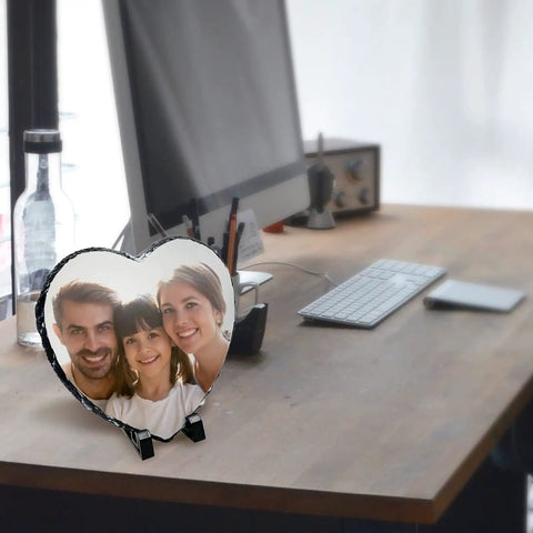 Heart Shaped Sublimation Slate Blank 7.9x7.9 Inch Rock Slate With Display Holder for custom photos on office desk.
