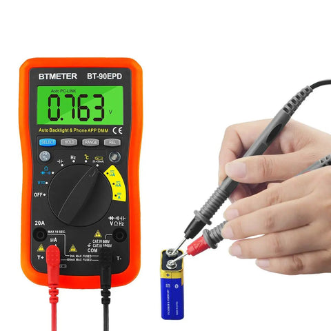 Hands using Bluetooth Enabled Digital Multimeter With App Logging And Auto Ranging, 4000 Count Multimeter For AC DC Voltage, Current, Resistance And Temperature, Data Export To Excel Or TXT On Phone, Dope Tool For DIY Techies measuring battery voltage.