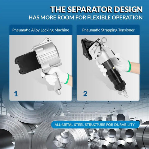 Heavy Duty Pneumatic Steel Strapping Tool For One And One Quarter Inch Wide Straps 32mm Thick 0.032 To 0.047 Inch Tensioner For Three Quarter To One And One Quarter Inch Straps Bonding Ready Option Rugged Alloy Build, pneumatic steel strapping tool