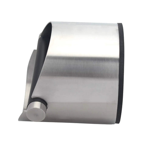 Side view of espresso knock box built tough from stainless steel with removable knock bar and non slip rubber base, easy clean silver.