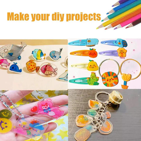 Colorful DIY projects made using 25 Pcs Shrink Plastic Sheets For Crafts And DIY Jewelry Making Heat Shrink Blank Sheets 0.3mm Thick 14.5 By 20 Cm Size Ideal For Custom Jewelry Kids Projects And Creative Arts, including keychains and charms.
