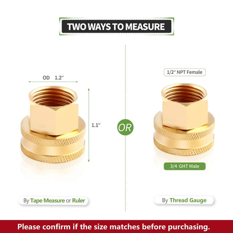 Lead-Free Brass Garden Hose Fitting Adapter 2-Pack Swivel Double Female 3/4 GHT to 1/2 NPT Quick Connect, measurement guide shown