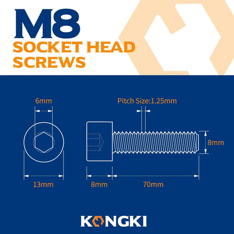 M8 Socket Head Cap Screws 70Mm 12.9 Grade Alloy Steel Full Thread Black Oxide Allen Drive Bolts With Hex Key measurements and details