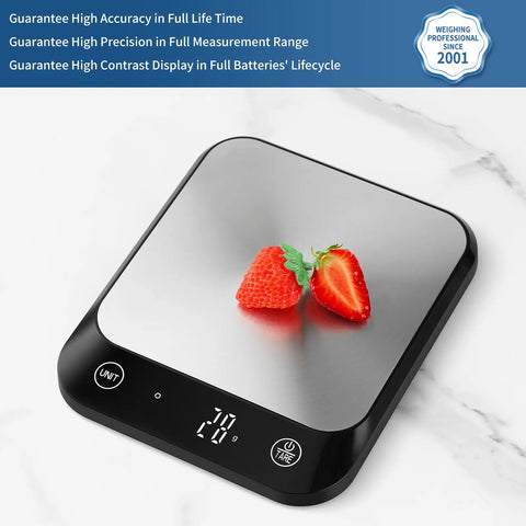 22 Pound Digital Kitchen Scale With 0.1 Ounce And 1 Gram Precision For Cooking And Baking, Pro Grade Accuracy From A Trusted Weighing Expert Factory Since 2001, LED Display With Batteries Included, Black, strawberries on stainless steel platform, LED display showing weight