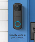 Doorbell Pro No Fuss 4MP Outdoor Video Door Camera For Smart Home Dual Band WiFi 2 4GHz And 5GHz mounted on blue door