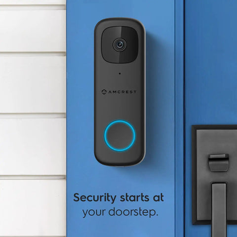 Doorbell Pro No Fuss 4MP Outdoor Video Door Camera For Smart Home Dual Band WiFi 2 4GHz And 5GHz mounted on blue door