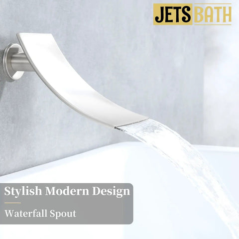 Close-up of brushed nickel waterfall tub spout from All-In-One Tub And Shower Faucet Set with water flowing into bath