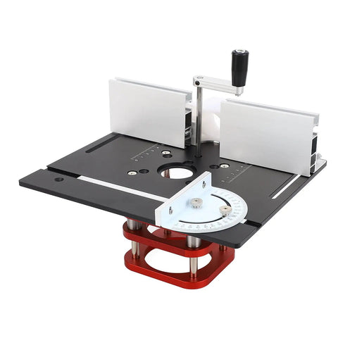 Rock Solid Aluminum Router Table Base With A Snug 51mm Manual Lift And Rust Proof Steel Supports Sized For 64 To 66mm Trimmers top view with adjustable fence.
