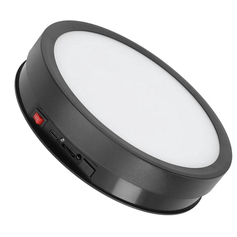 Huge 360 Degree Electric Rotating Turntable Stand With Remote Control And Adjustable Speed Plus Colorful LED Lighting For Pro Product Photography Videos And Live Streams Using USB Power, black base, USB power input